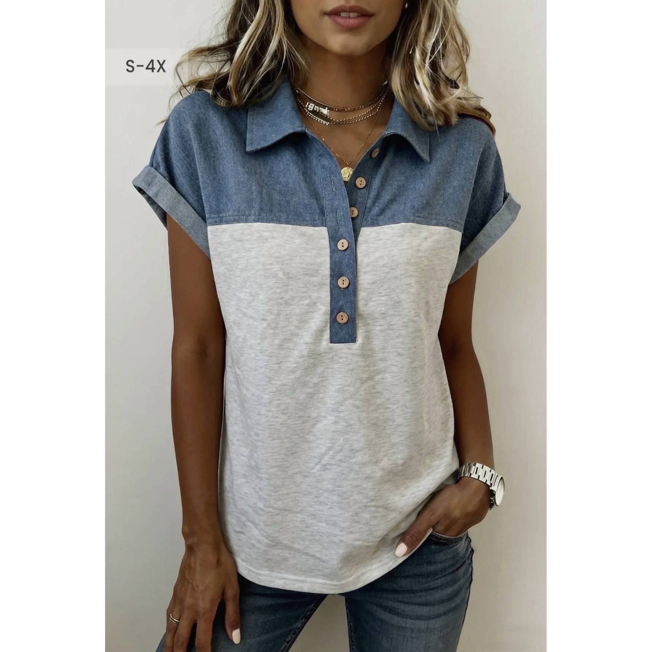 New 66disco Color Block Denim Patchwork Plus Size Polo Collar Top In Light Gray
